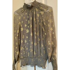 Ramy Brook New York Blouse Gold Star‎ Sheer Long Sleeve Smocked Mock Neck Top XS